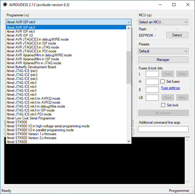 AVRDUDESS main window programmer menu.png
